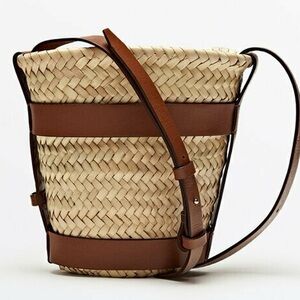 NWOT Massimo Dutti Mini Woven Basket Bag + Detachable Pouch In Leather Accents